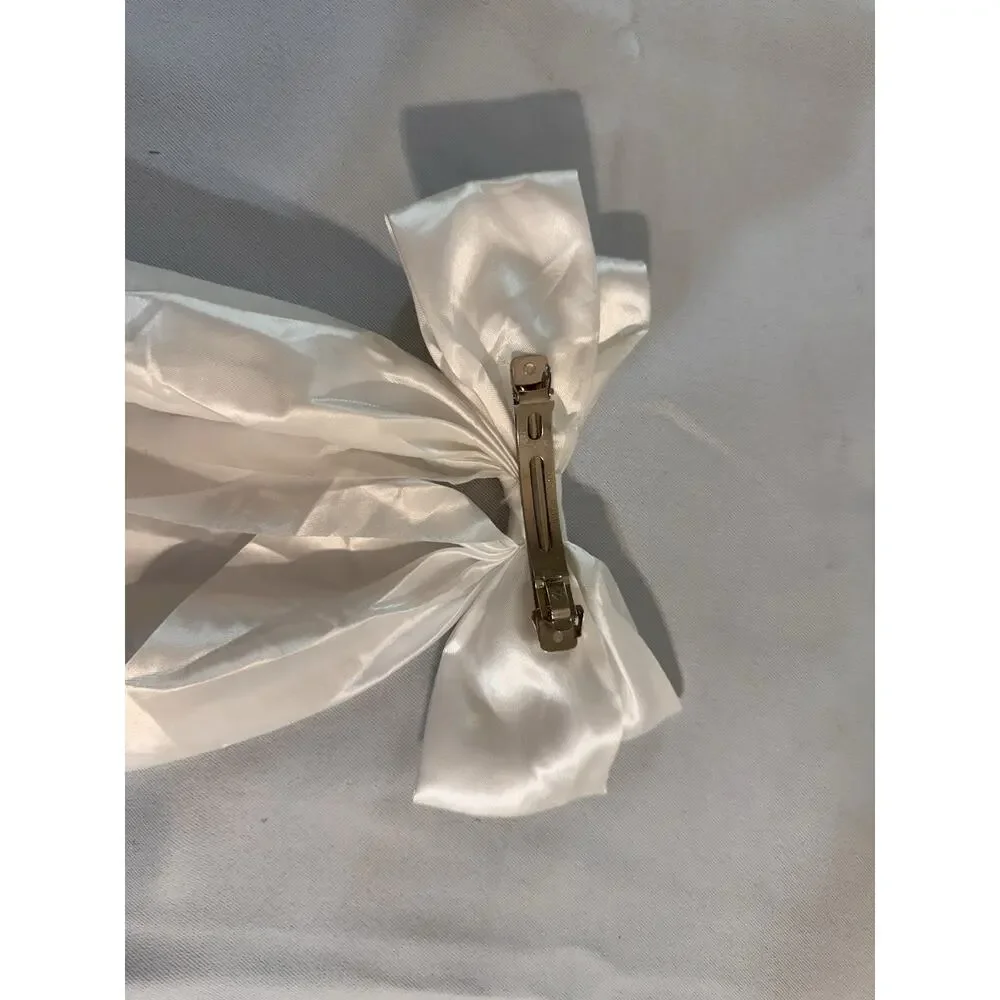 White Ribbon Bow Hair Clip Accessory